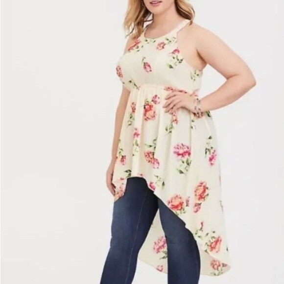 Torrid women’s Hi Lo IVORY FLORAL GEORGETTE GODDESS TUNIC TANK Plus Size 00 - Picture 2 of 12